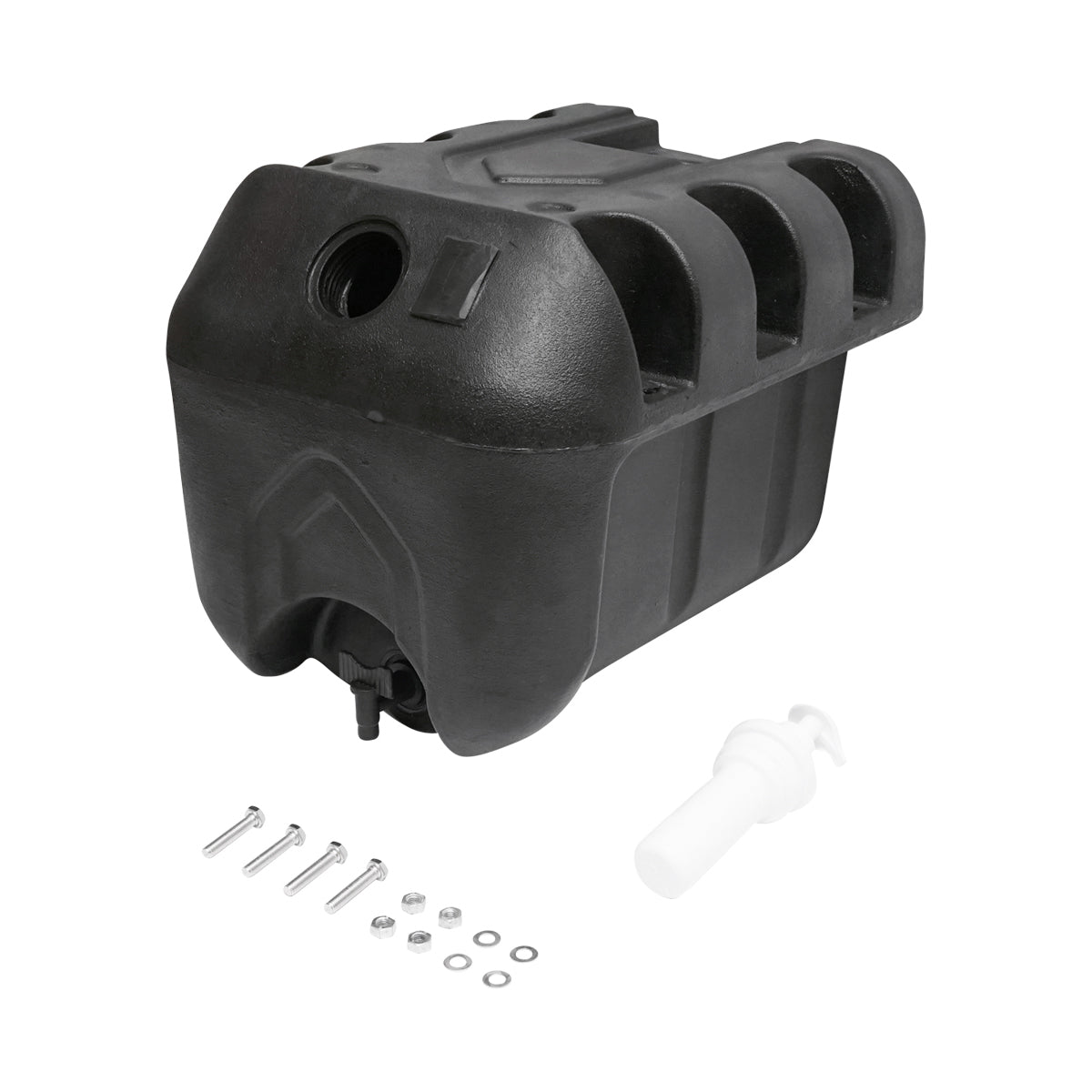 30L water tank with tap and 250ml soap dispenser. black plastic 332x420x331 mm